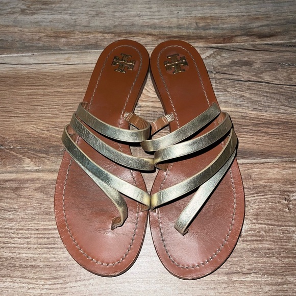 TORY BURCH Metallic Gold Patos Strappy Leather Slide Sandals - Picture 1 of 2